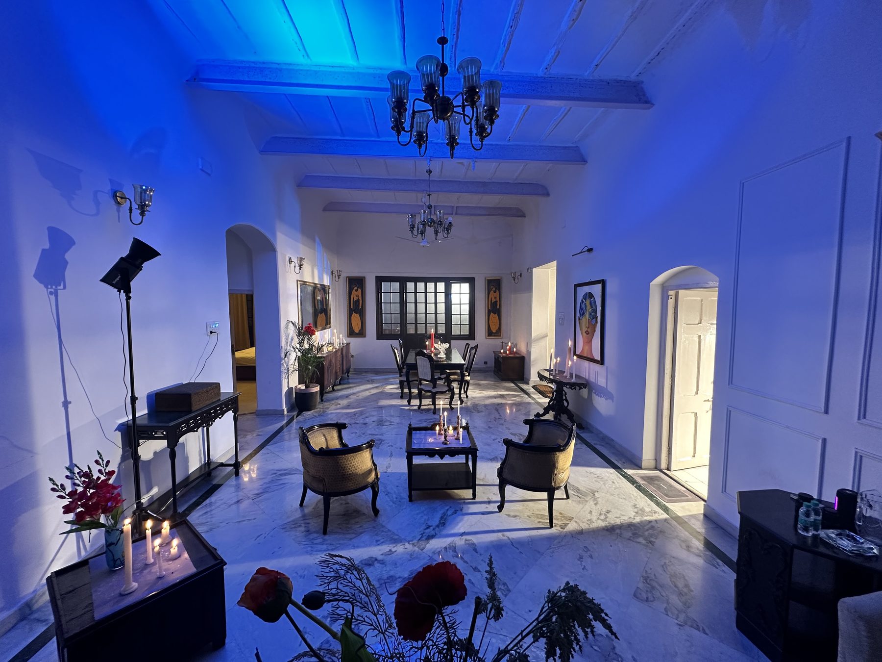 Dining hall under blue light