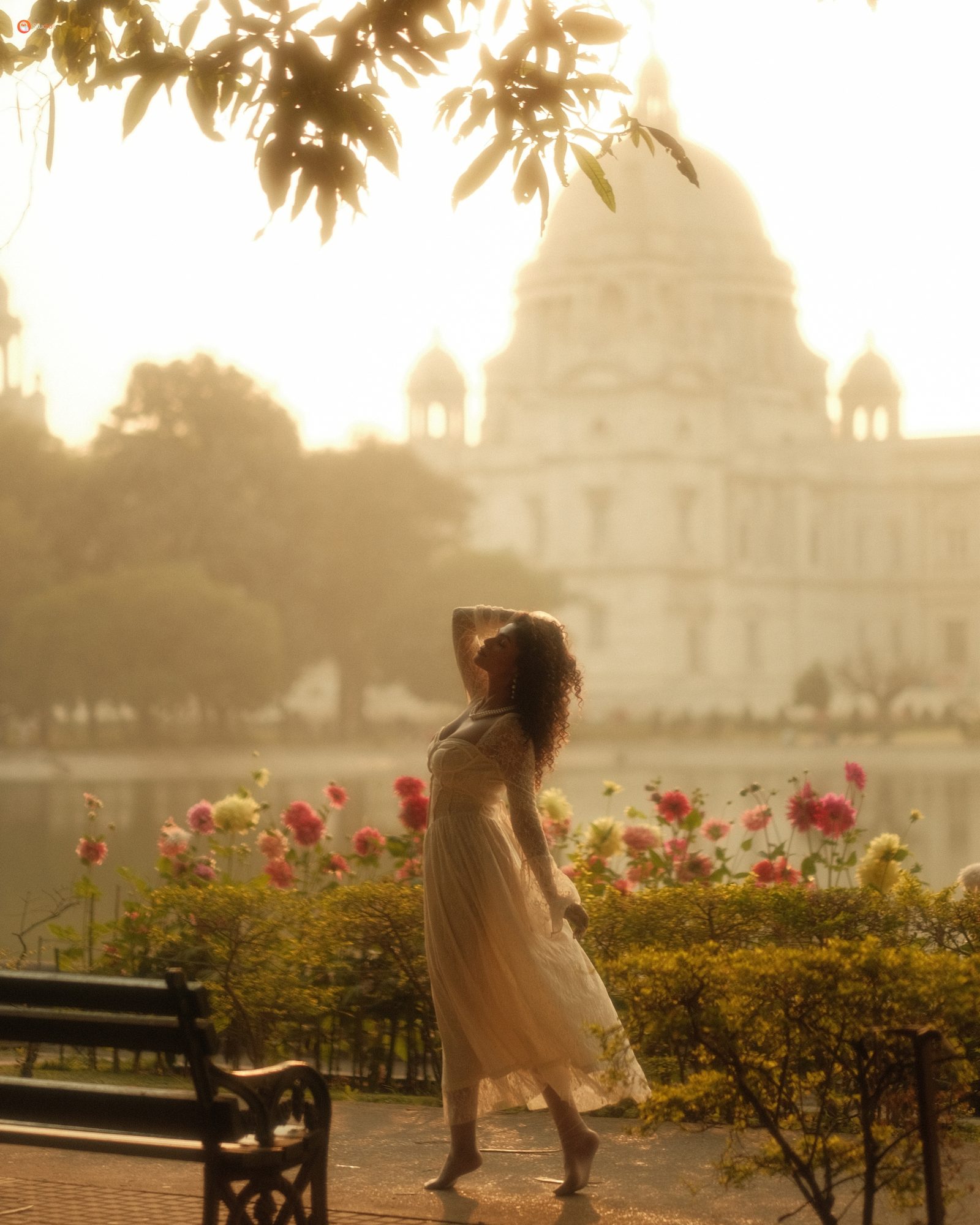 A muse in white lace before Victoria Memorial at golden hour, Kolkata
