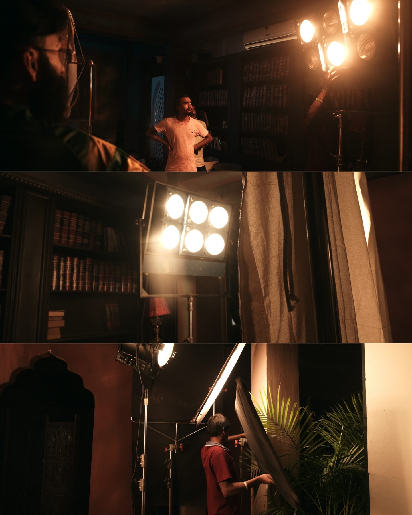 Lighting the library set — three frames from a FOI night shoot