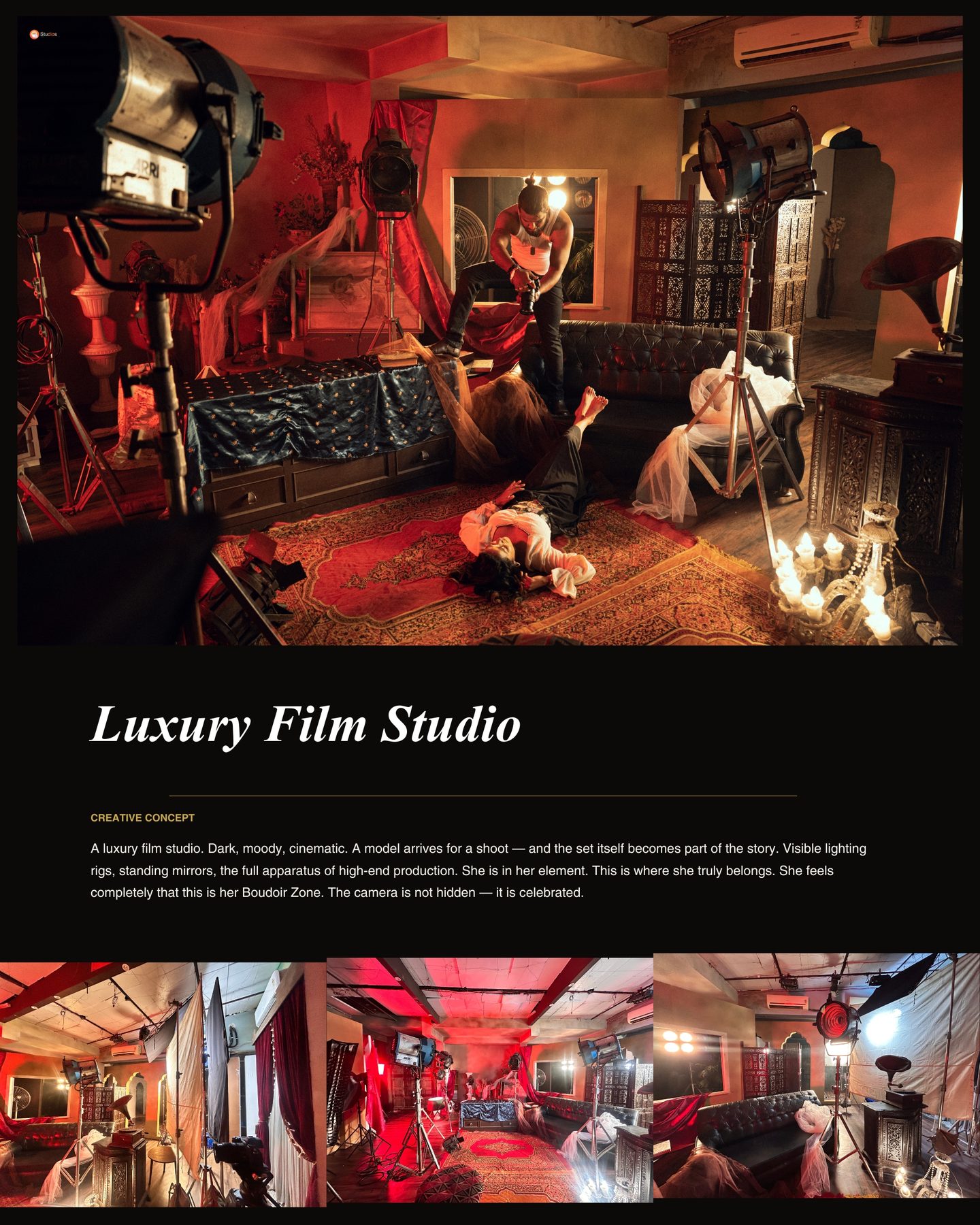 Luxury film studio set with ARRI lamps and a muse on the rug